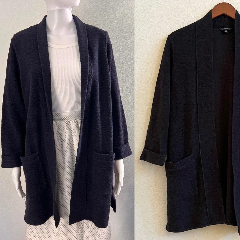 Lands End Thick Terrycloth Black Knit Open Front‎ Cardigan Sweater Size 14 16